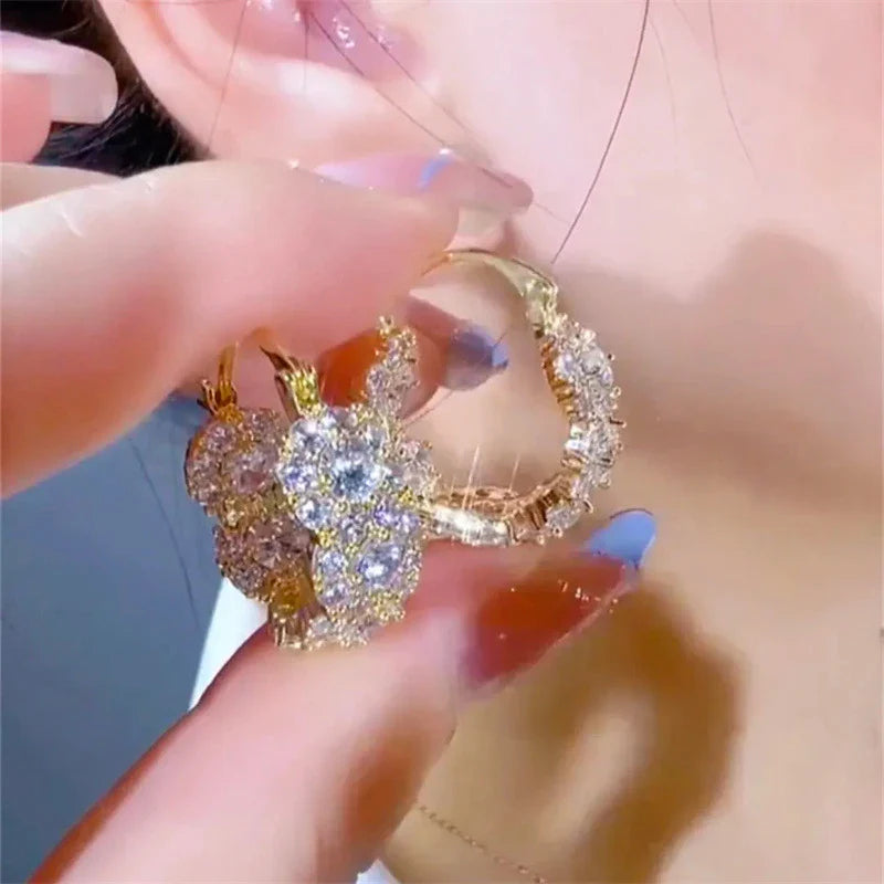 French Fashion Light Luxury Zircon Hoop Gold Color Earrings for Women New Trend Elegant Temperament Ladies Wedding Party Jewelry