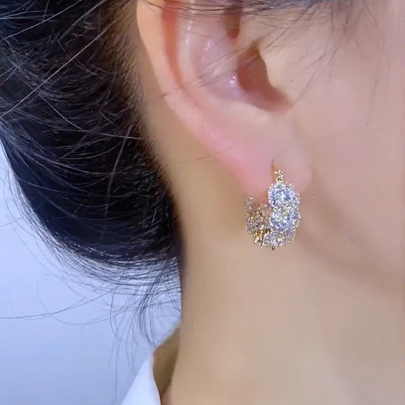 French Fashion Light Luxury Zircon Hoop Gold Color Earrings for Women New Trend Elegant Temperament Ladies Wedding Party Jewelry