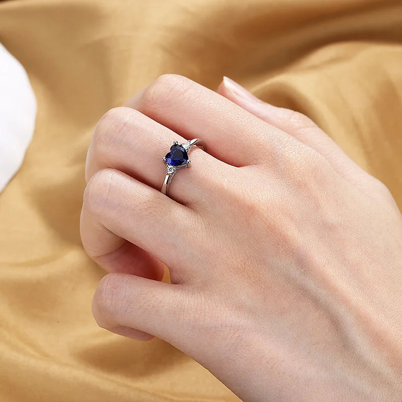 HuiSept Ring for Women 925 Silver Jewelry Heart Shape Sapphire Zircon Gemstone Finger Rings Ornaments Wedding Party Bridal Gift