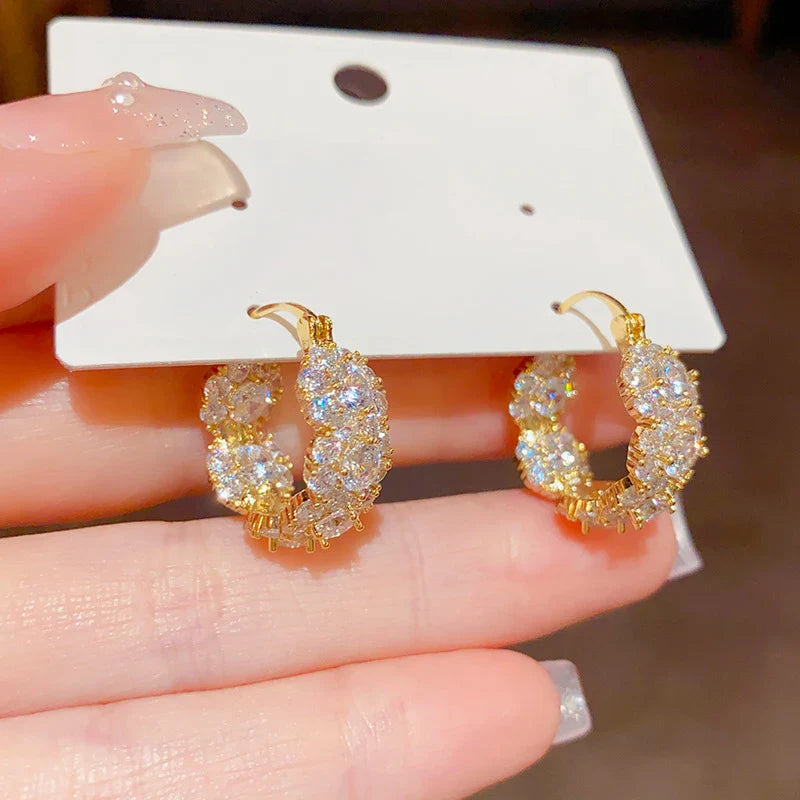 French Fashion Light Luxury Zircon Hoop Gold Color Earrings for Women New Trend Elegant Temperament Ladies Wedding Party Jewelry