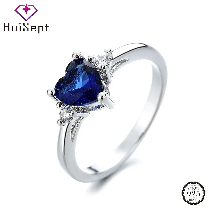 HuiSept Ring for Women 925 Silver Jewelry Heart Shape Sapphire Zircon Gemstone Finger Rings Ornaments Wedding Party Bridal Gift